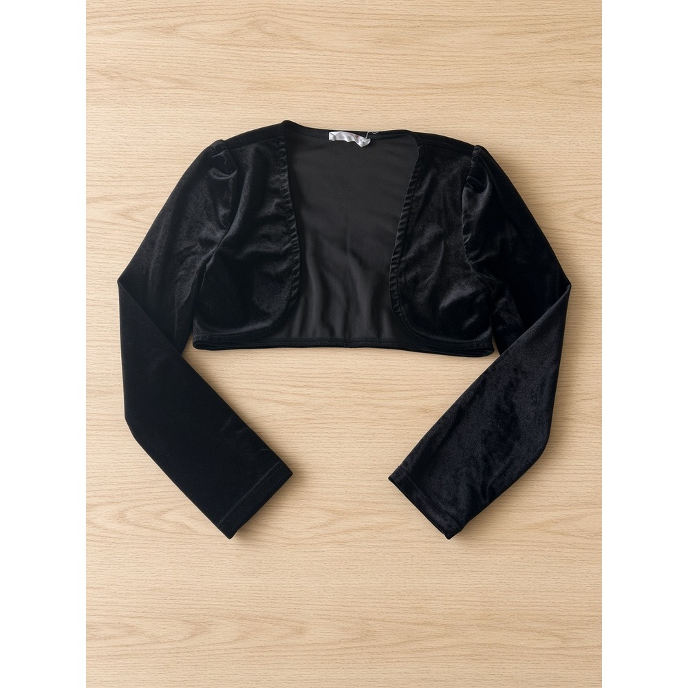 Knit Works Girls Black Velvet Bolero Shrug Long Sleeve Cropped Cardigan Size 7/8